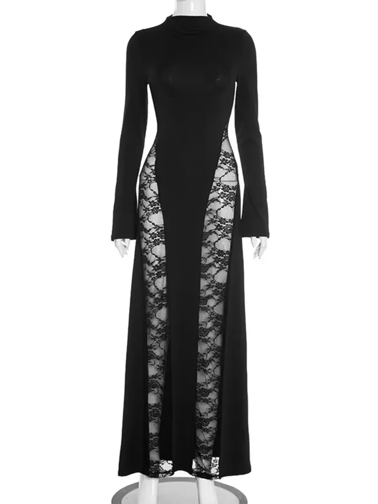 الدانتيل انظر من خلال كم طويل مثير فستان ماكسي المرأة السوداء المرقعة الجوف خارج عالية الخصر Bodycon نادي فستان طويل للحفلات