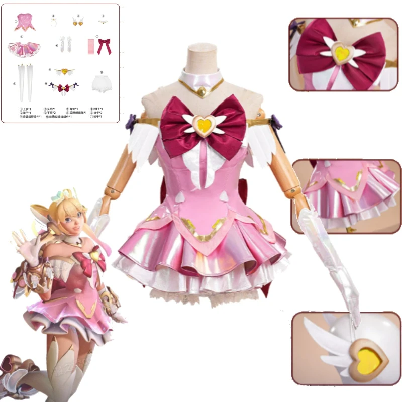 

Overwatch Juno Magical Cosplay Costume Sequin Mesh Top Light Up Butterfly Brooch Layered Ruffle Skirt Platform Sneakers