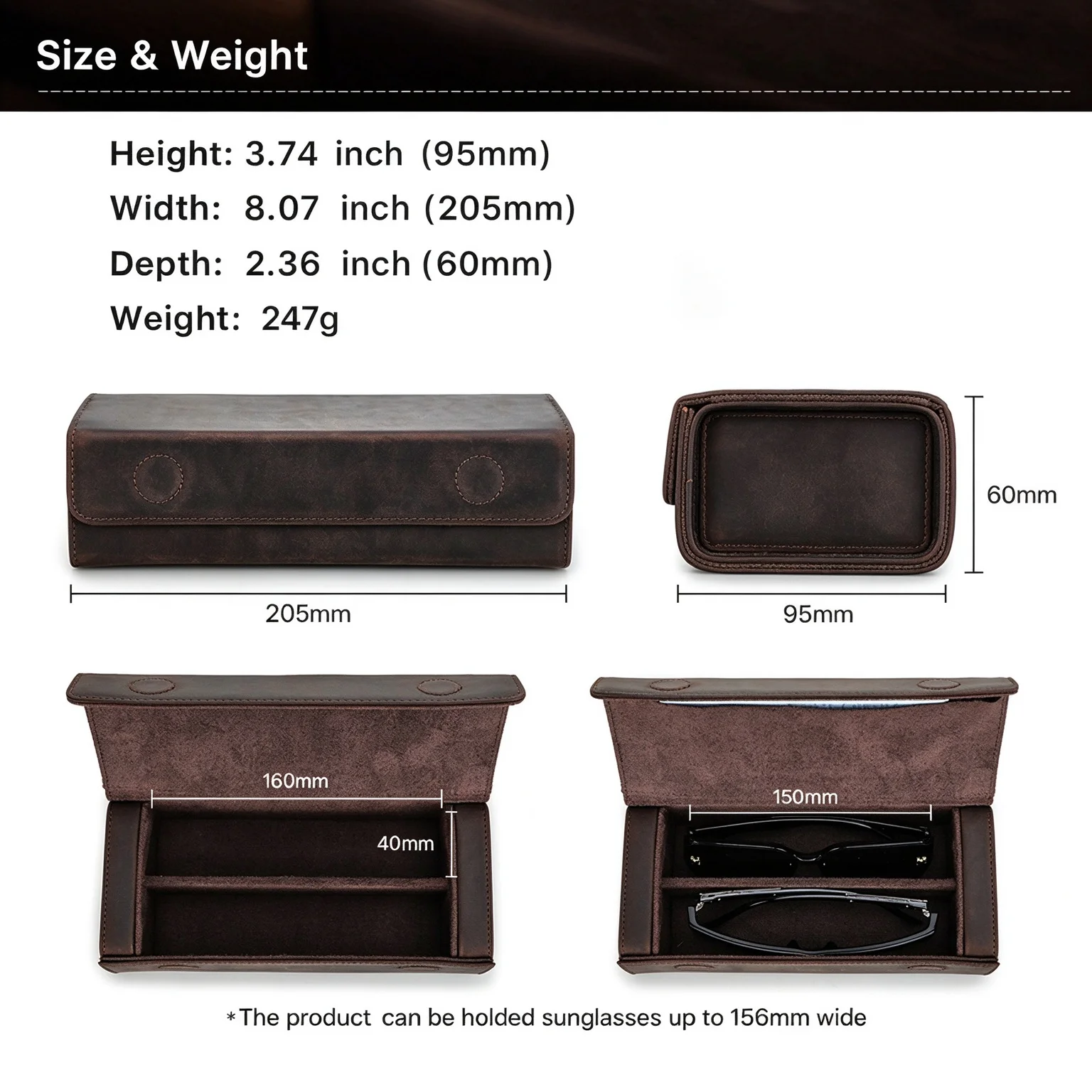 Handmade Crazy Horse Leather 2-Slot Sunglasses Case, Vintage Retro Travel Eyewear Storage with Magnetic Closure for Men & Women