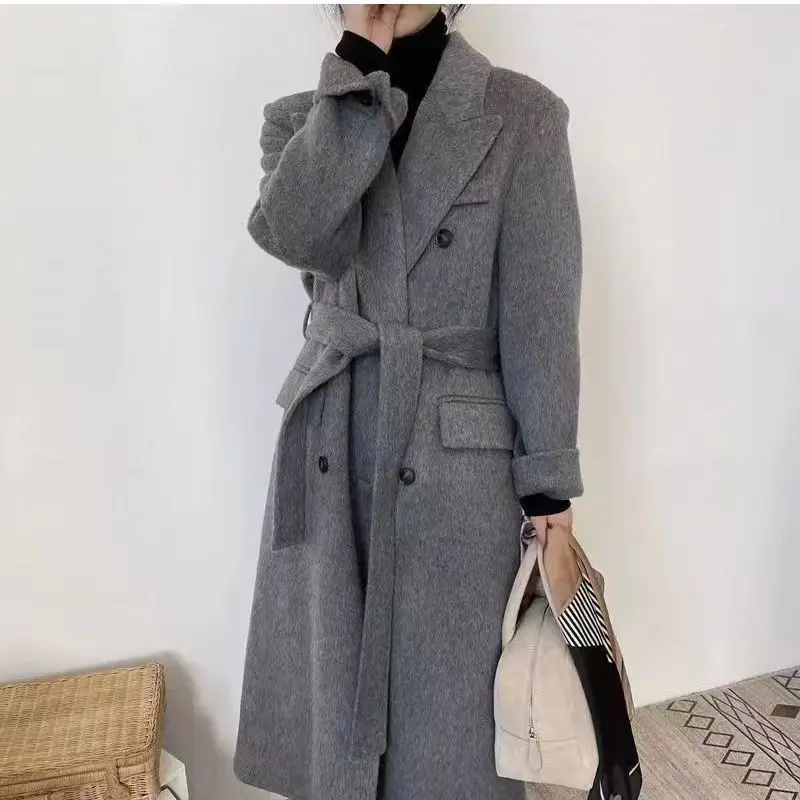 Autumn Winter Grey Lapel Double Face Wool Coat Women Thick Premium Slim Belted Long Woolen Outerwear Handmade Elegant Overcoat