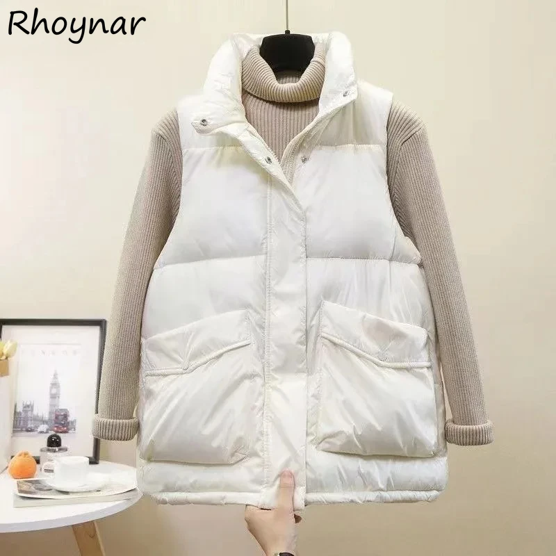 

Loose Down Vests Women Pockets Zipper Autumn Winter Thick Warm M-3XL Casual Outerwear Regular Chic All-match Korean Students