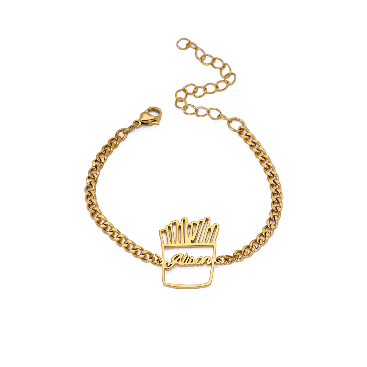 Pulsera personalizada con nombre de acero inoxidable para mujer, pulsera con nombre estético con patrón de patatas fritas huecas, joyería de uso diario