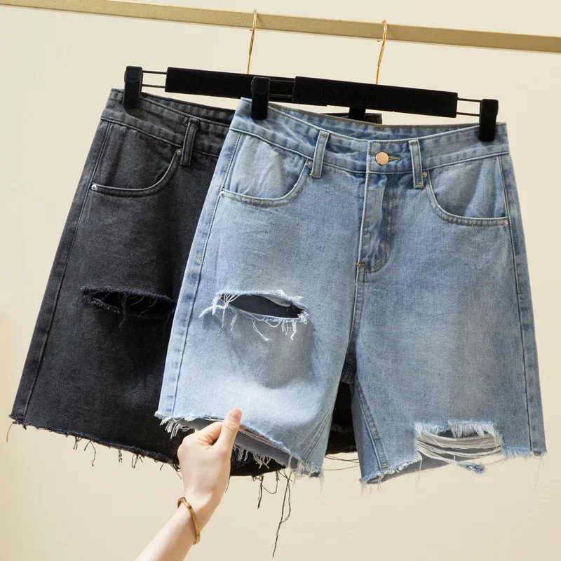 Shorts jeans rasgados para mulheres, meio jeans feminino, streetwear solto, calça curta casual, calça quente, buraco reto, verão