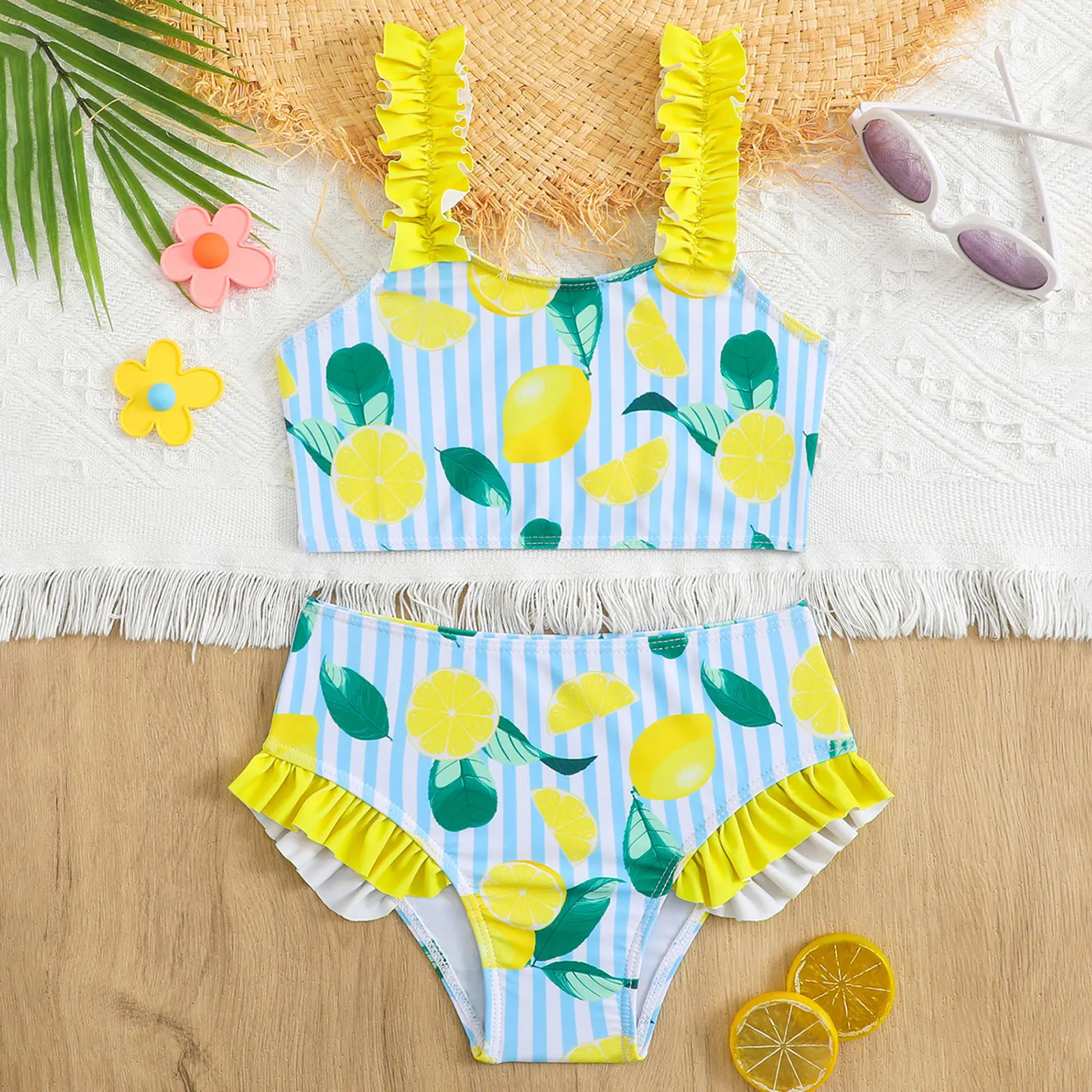 Girls Swimsuit Two Piece Lemon Striped Bathing Suit Bikini Crop Top with Bottom Beachwear Ruffle Swimwear for Vacation Holiday