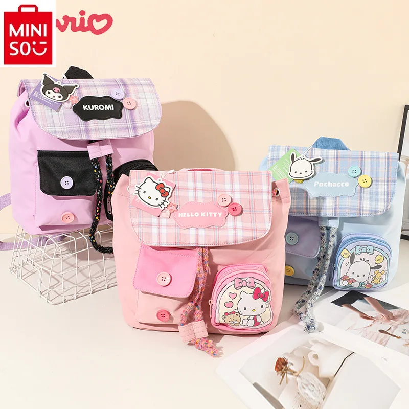 MINISO 2024 New Large Capacity Backpack Student Cartoon Hello Kitty Multi functional Storage Versatile Cross Shoulder Bag