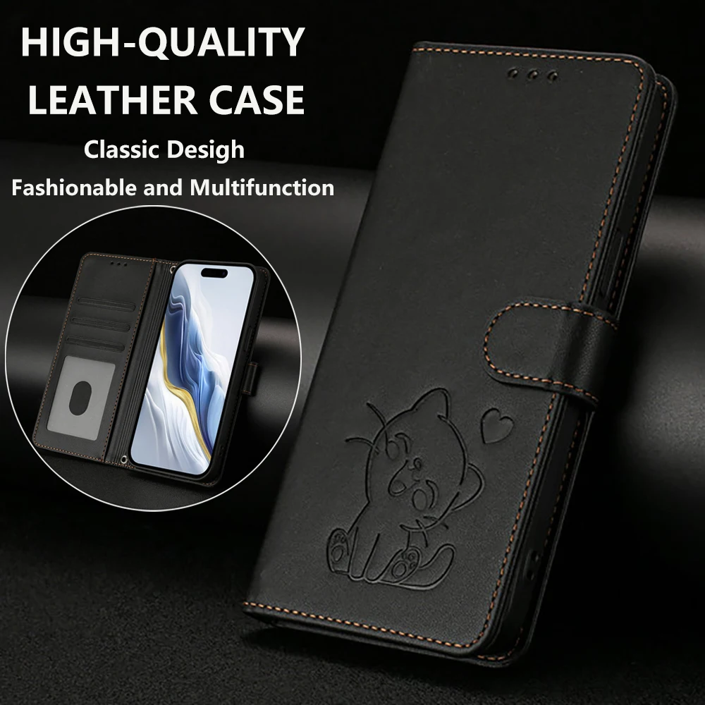 3D Emboss Cat Leather Wallet Coque For Samsung Galaxy A55 A35 A25 A15 A 05 04 S A54 A34 A24 A14 A73 A53 A33 A23 A13 A04E Cover