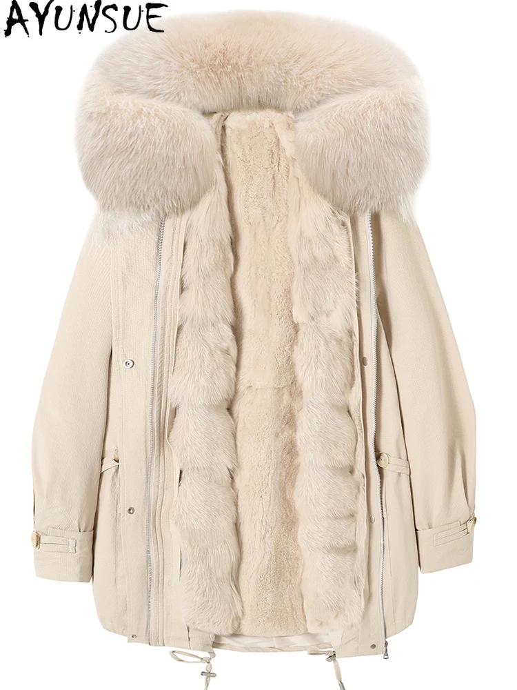 

AYUNSUE Rex Rabbit Fur Coat Women 2025 Теплый воротник из лисьего меха Parka Зимняя одежда Женские пальто Толстовка Пальто Женское