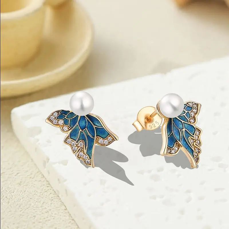 

Butterfly Pearl Earrings Female S925 Sterling Silver Enamel Butterfly Stud Earrings