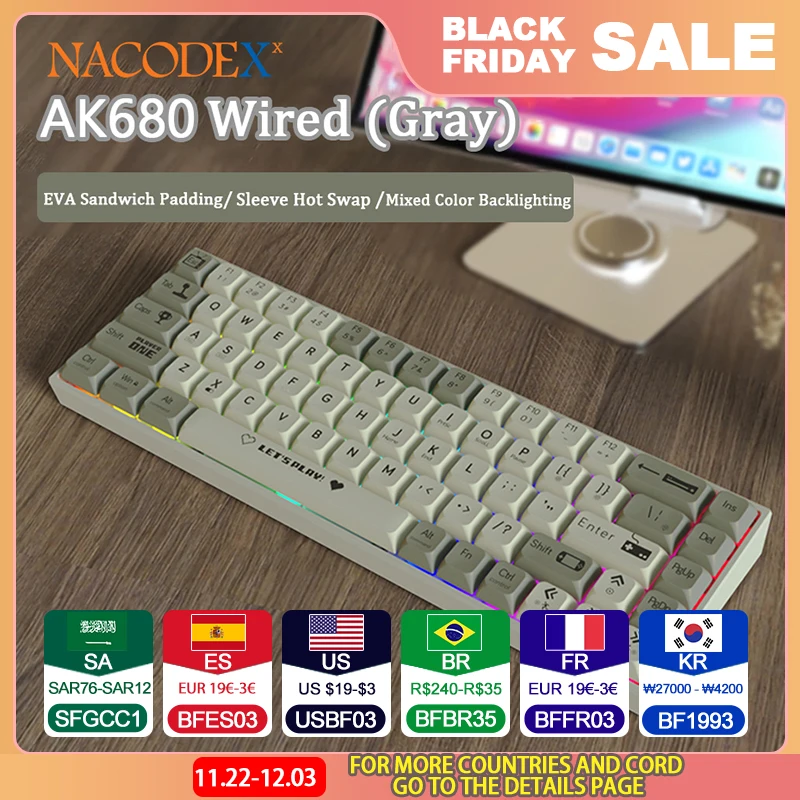 AK680 Wired Mechanical Keyboard Duplex Keycaps 68 Keys All Keys Hot Swappable Custom Mechanical Keyboard Mixed Color Lighting