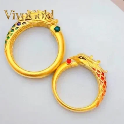 VivoGold Ancient AU999 gold enamel dragon and phoenix couple ring 24K pure gold ring female high value design fashion zodiac dra