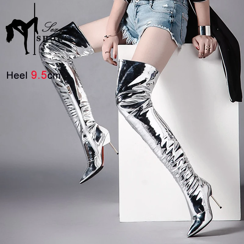 Silver Thigh High Boots Ladies Fetish High Heels Nightclub Over Knee Dancing Shoes Big Size 43 Winter Pointy Toe Boots For Women