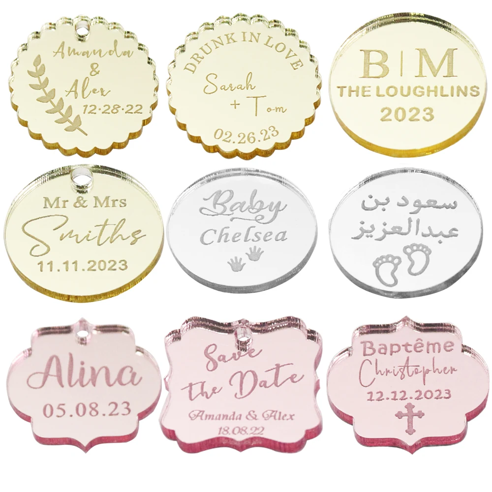 50pcs Personalized Mirror Tags Engraved Custom Gift Acrylic Tags Cupcake Charms Wedding Tags For Favor Luxury Favor Tags