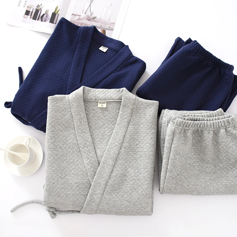 남성용 일본 기모노 유카타 잠옷 세트 에어 레이어 두꺼운 바지 투피스 슈트 유카타 피자마 가운 슈트 플러스 사이즈