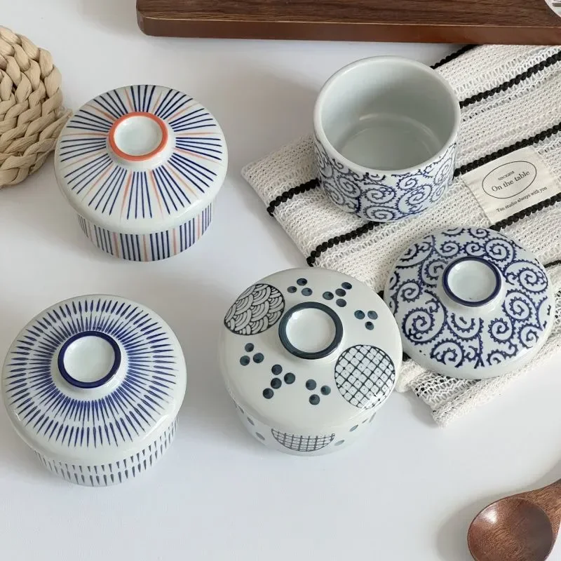 

Japanese Ceramic Small Soup Bowl With Lid Baby Steamed Egg Bowl Retro Style Blue Bowl Kitchen Tableware Supplies