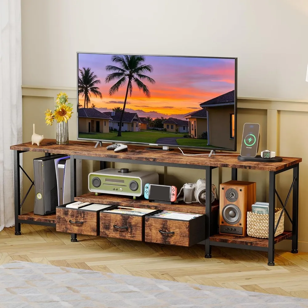 

TV Stand for 75 Inch TV Entertainment Center with Power Outlets TV Console Table deepen with Fabric Drawers Metal Frame Storage