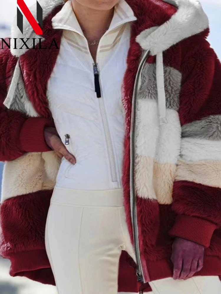 

New in Autumn knit Winter Warm Plush Zipper Pocket Hooded Loose Jacket Women Hoodie Oversize Coats Hoodies Sweatshirt Clothes