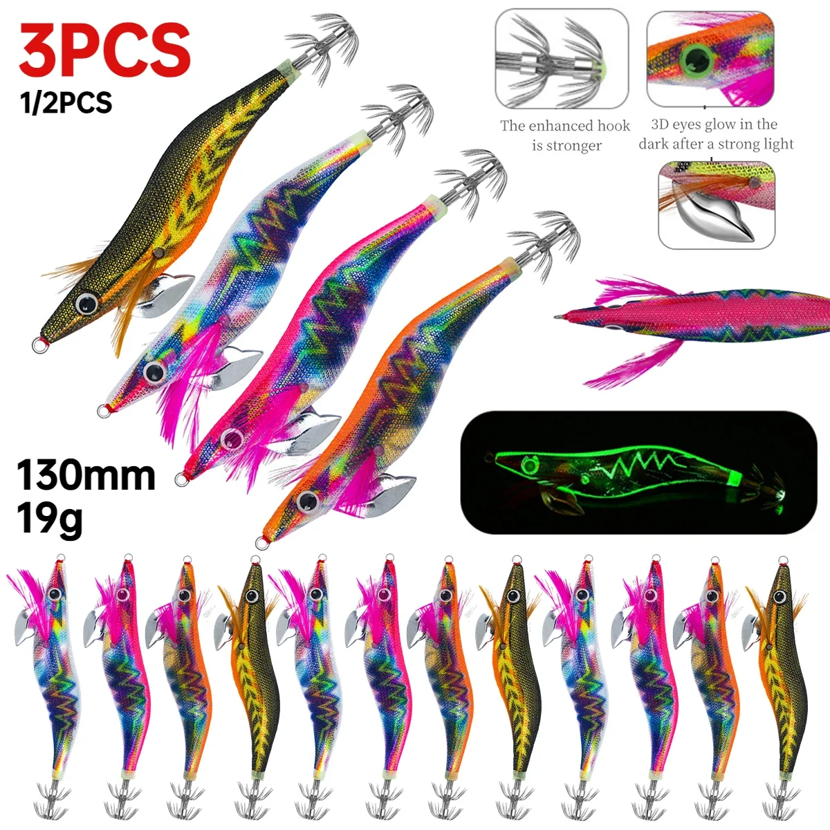 Squid Jig 19g 130mm Luminous Floating Fishing Squid Lure 3D Eyes Fishing Lure Artificial Bait for Fishing Squid Octopus pesca