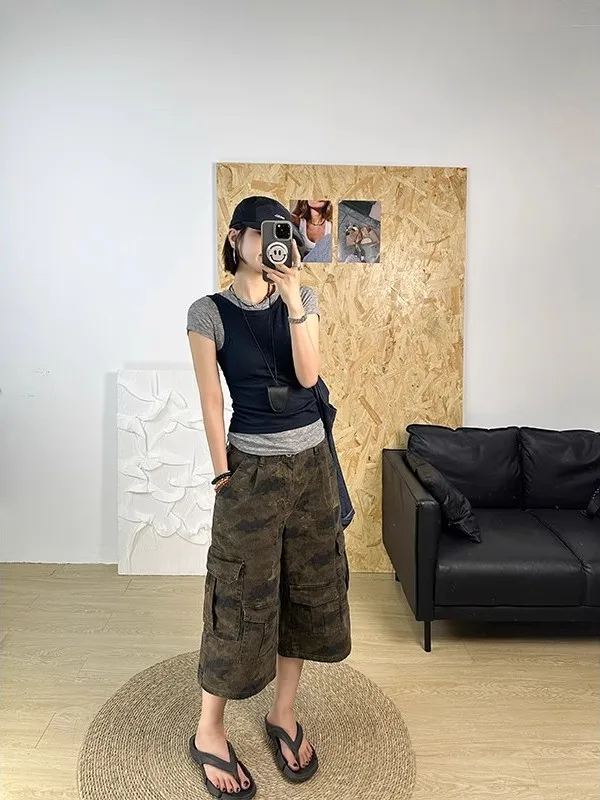 صيف جديد 2025 رقيقة التمويه الدنيم سبعة أقدام السراويل النسائية الأمريكية الرجعية Waed واسعة الساق فضفاضة الأوسط السراويل جينز غير رسمي #5