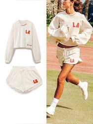 ZABA Women's Letter Decoration Casual Short Sweatshirt Vintage O Neck Pullover Long Sleeve Sports Drawstring Shorts 2 Piece Set