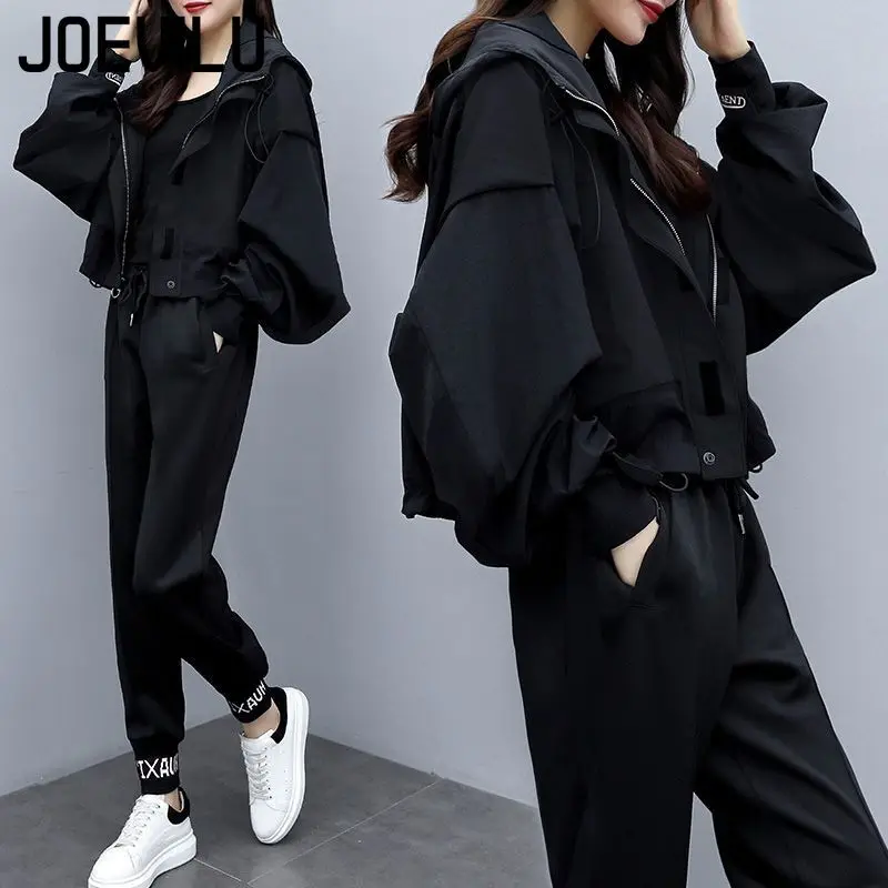 JOEVILU 2PCS Casual Tracksuit Loose Jacket Track Pants 2 Piece Sets Women's Outfits Spring/Autumn Korean Streetwear Leisure Suit