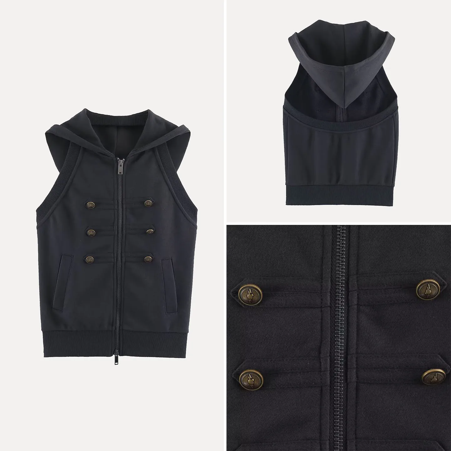 Fashionable Retro Hooded Metal Double Row Button Full Zip Vest Women's Autumn Wear ZADATA Brand Outerwear Regular Length