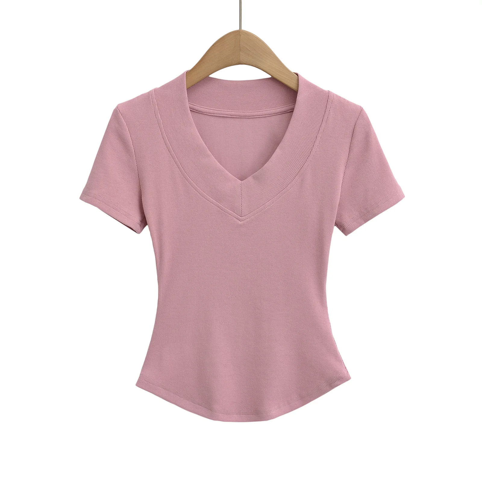Self-cultivated figure sweet and sexy style deep V-neck waist-cinching short-sleeved T-shirt for women summer slimming 8OYS
