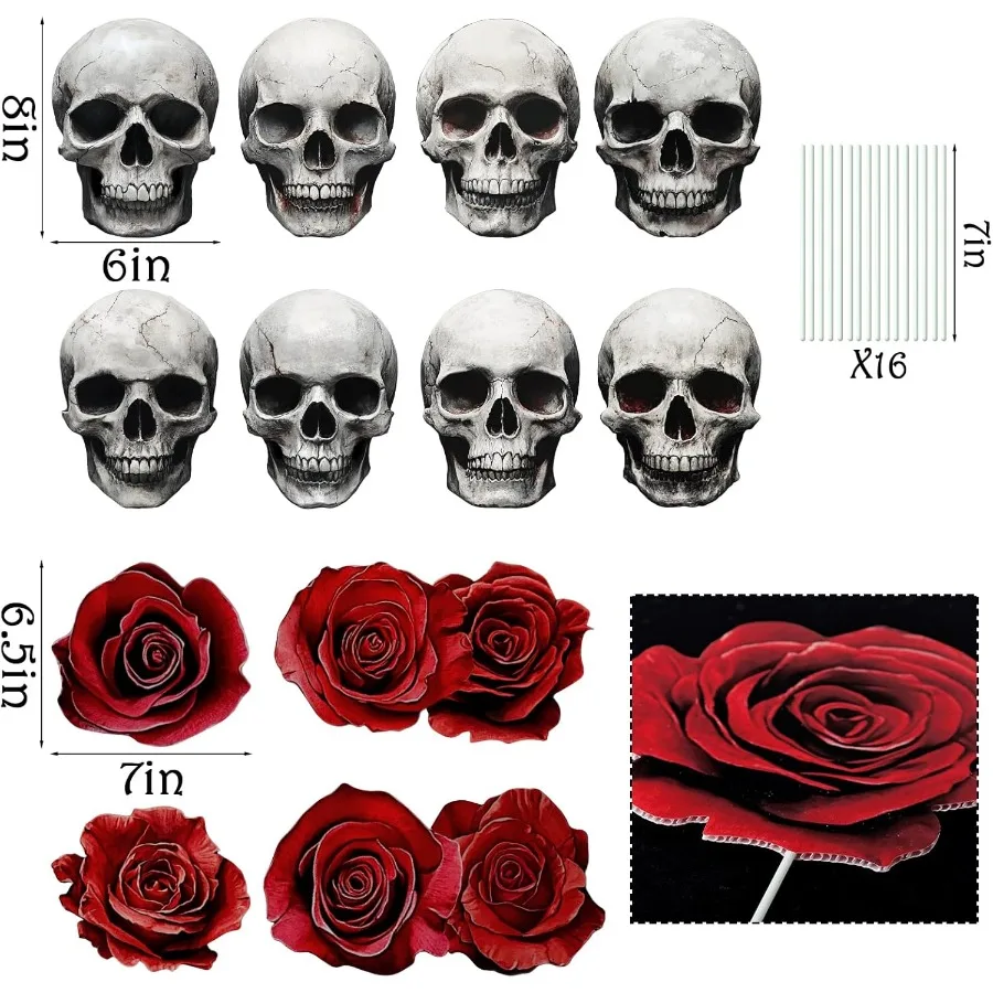 تايون الهالوين في الأماكن المغلقة: 14 قطعة جمجمة مخيفة كبيرة شجرة ورد حمراء داكنة يختار مخيف واقعي هيكل عظمي للهالوين زينة زهور لـ