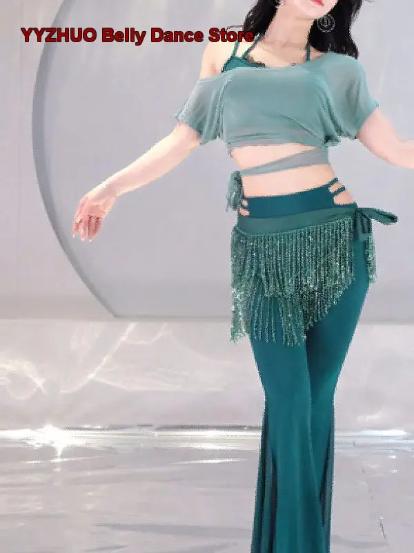 Women's Sexy Midriff-Baring Top Fringe Long Pants Performance Dance Outfit Oriental Set