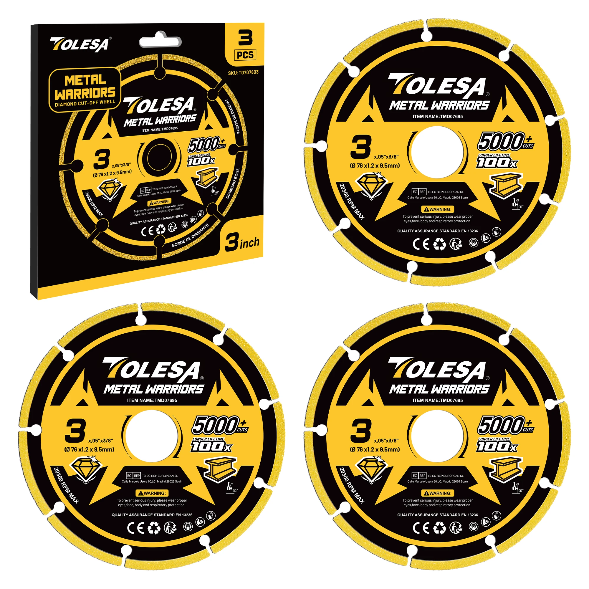 

TOLESA Diamond Cutting Wheel 3 x 3/8 Inch, 5000+ Cuts on Metal, 3 Pack, Die Grinder, Diamond Material, for Cutting Rebar, Steel