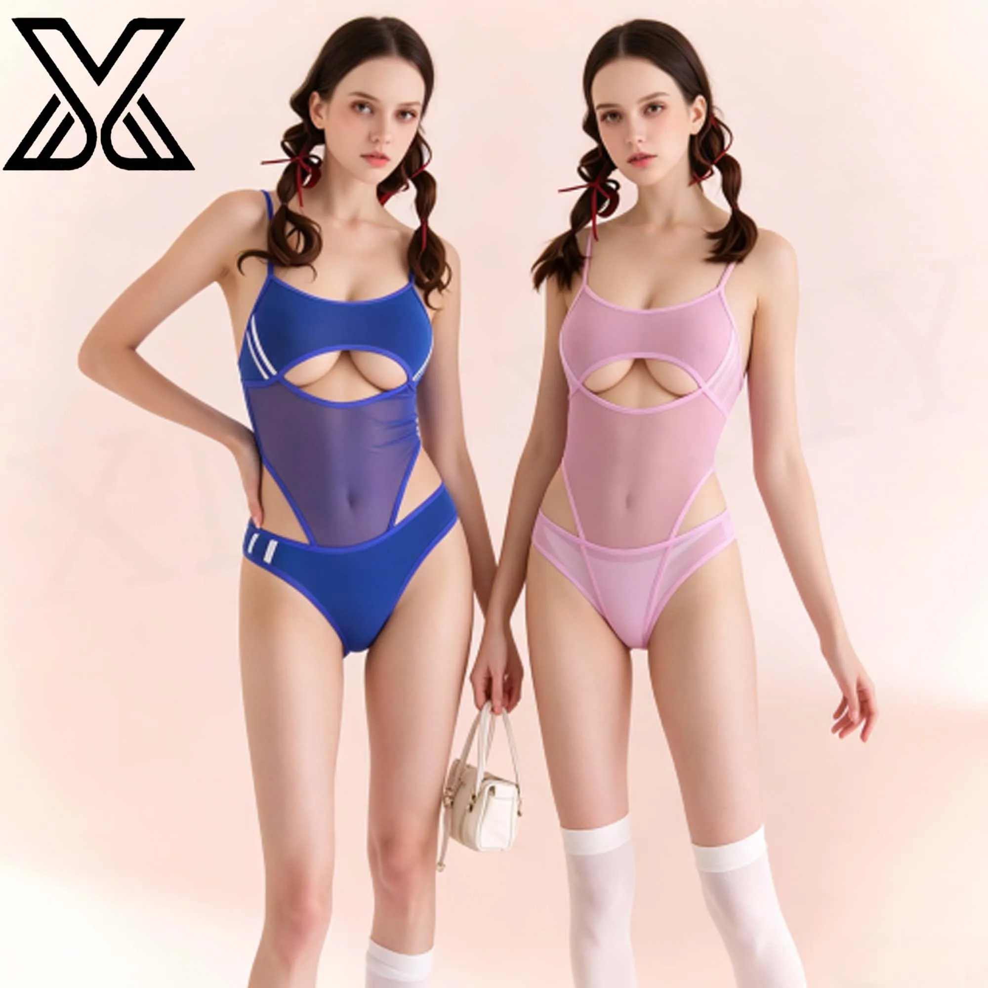 XMJXMY Sexy women's 2-piece hollow one-piece swimsuit+underwear set mesh transparent swimsuit