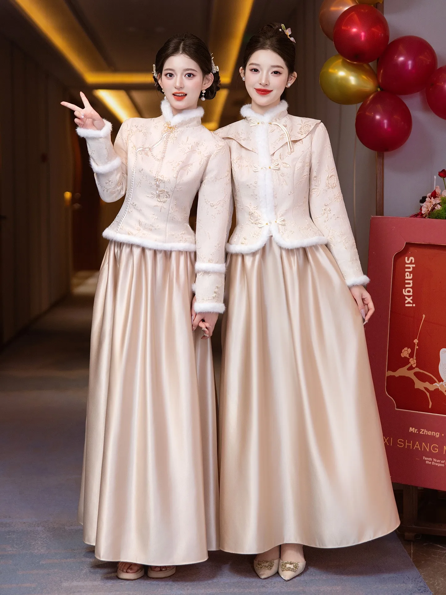 

New Chinese Sle Maids Dr Thiened Satin Beautiful High Waist A-Line Skirt Wedding Dr for Sisters Ensemble Champagne ...
