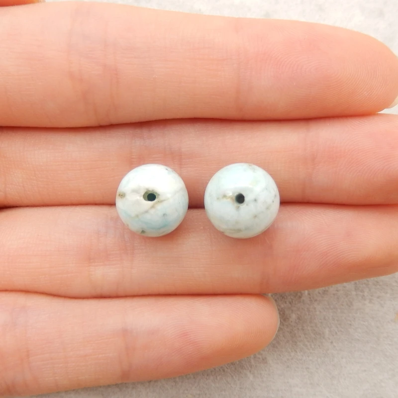 Larimar Round Bead Pair, Pair of Gemstone, Jewelry Components, Pale Blue and White, 2PCs 10mm-2.4g
