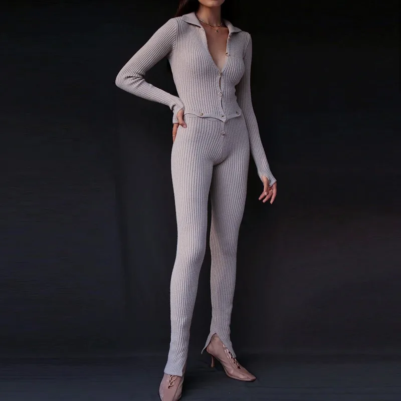 Knitted Bodysuit Skinny Ribbed Jumpsuits Spring Autumn Casual Two Piece Set Women Streetwear Long Sleeve Bodycon Women Jumpsuit