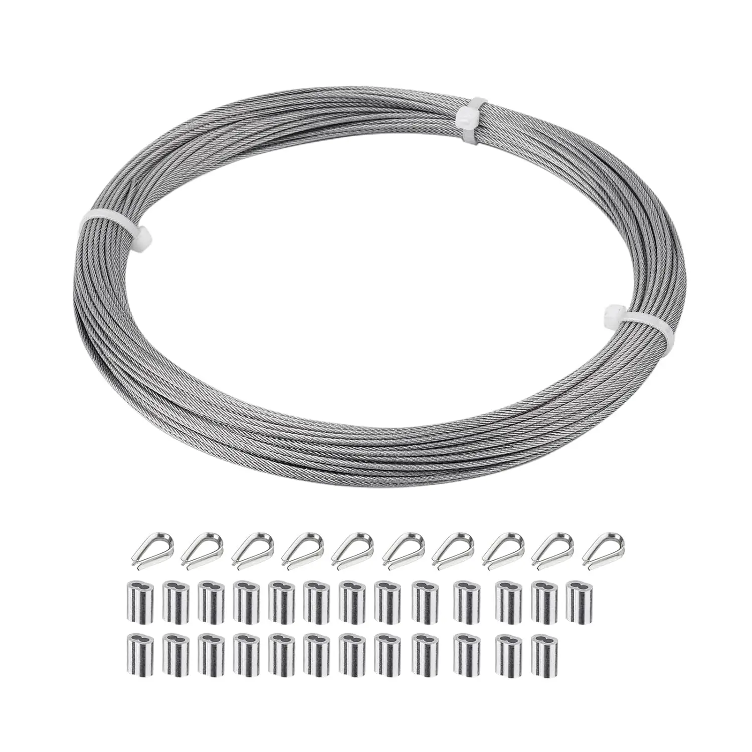 

1/16 inch Stainless Steel Wire Cable 100ft, 7x7 Strand Marine Grade with Aluminum Sleeves and Thimbles