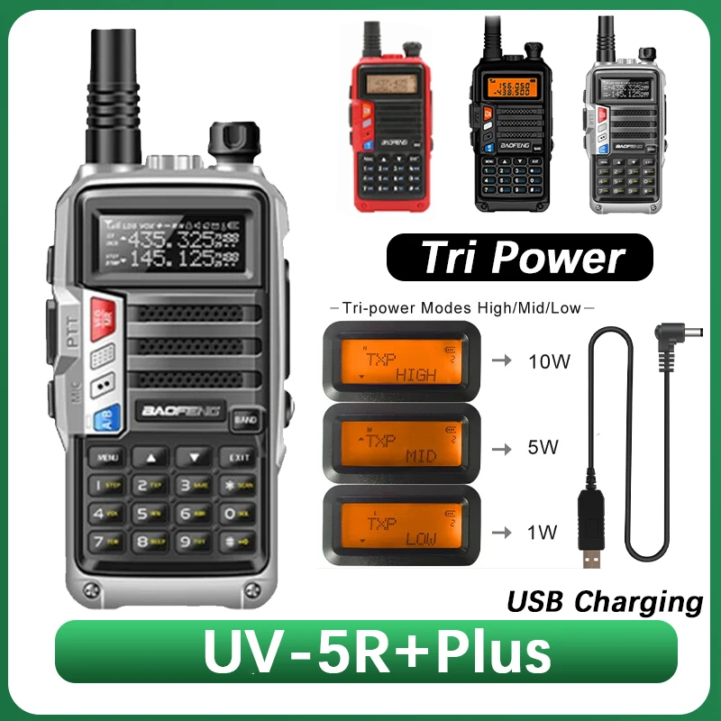 Baofeng UV-5R + PLUS 10W Walkie Talkie VHF UHF Tri Power Long Range High Power USB ชาร์จ DTMF สําหรับอัพเกรด UV-5R Ham Two Way วิทยุ