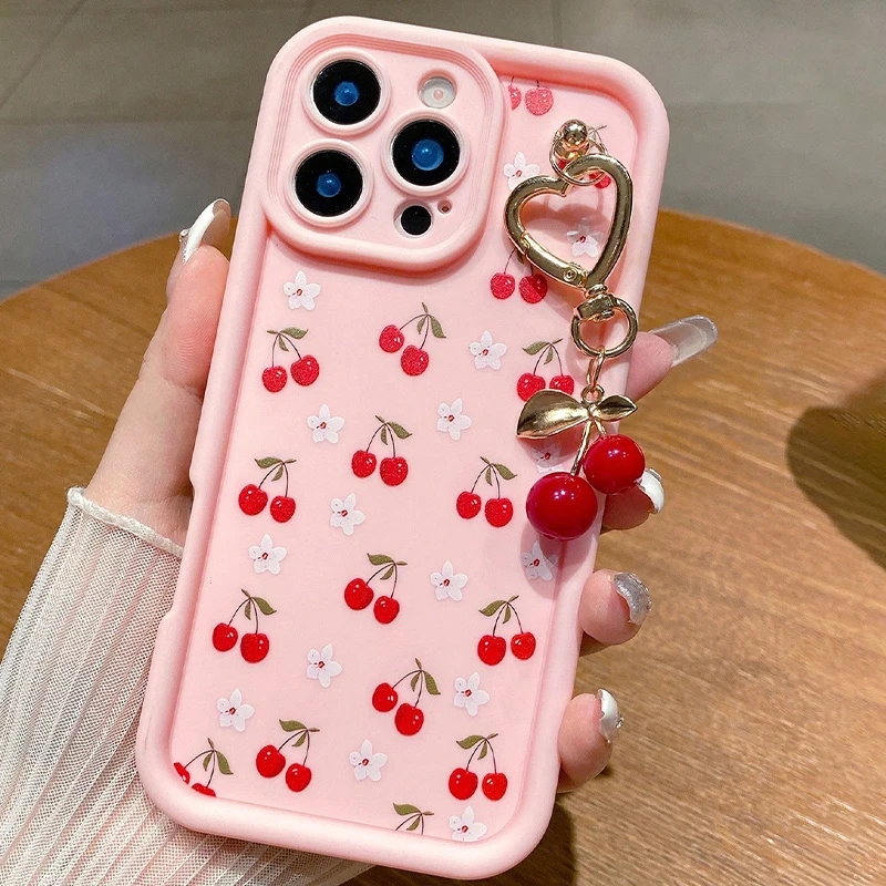 

Милый чехол для телефона с подвеской в виде 3D вишни для iPhone 17 16 15 14 13 12 11 Pro Max 16e 17Air X XR XS Max 7 8 Plus Cover