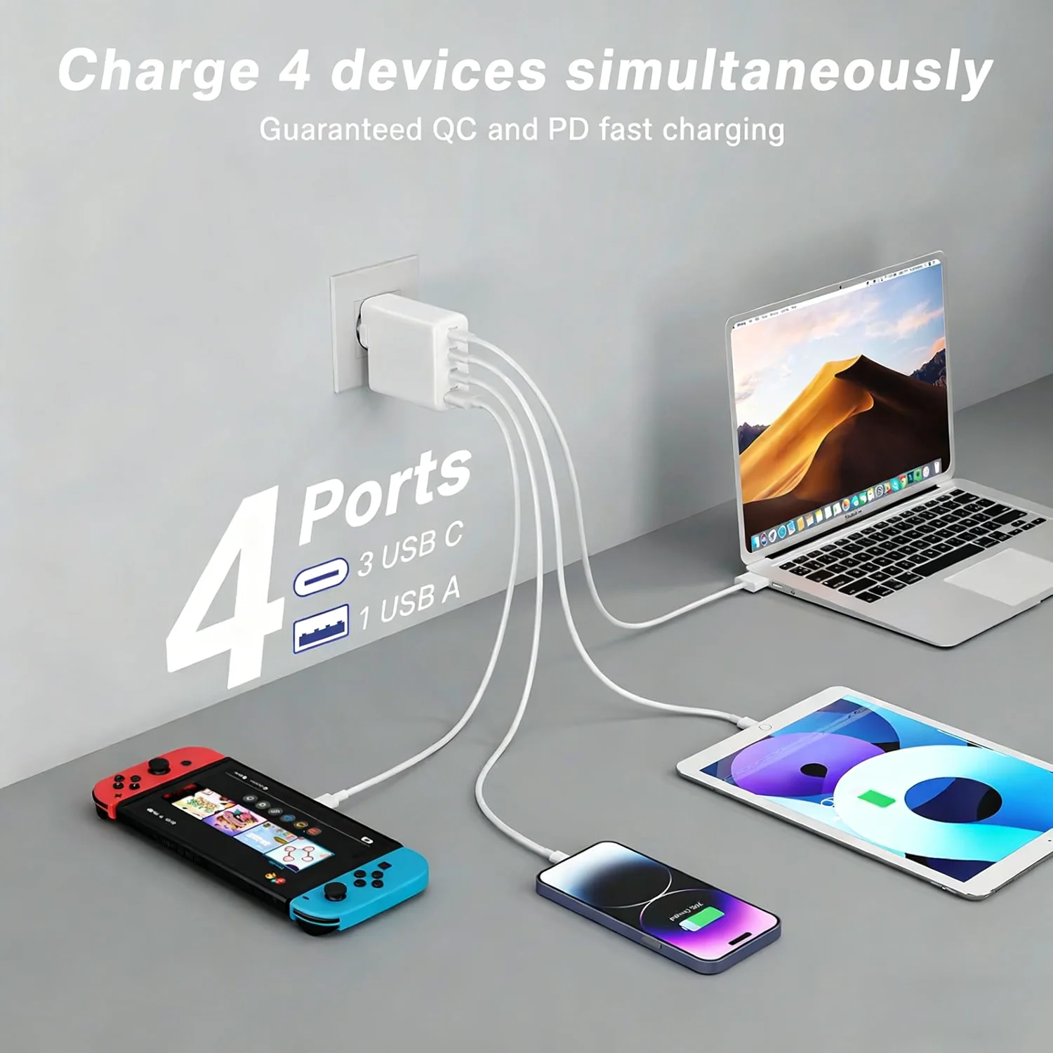 4-Ports 3C1A 100W GaN PD Fast Charger – PPS Enabled PD Wall Adapter Fast Charging Multiple Devices for Macbook, Ipad, Iphones