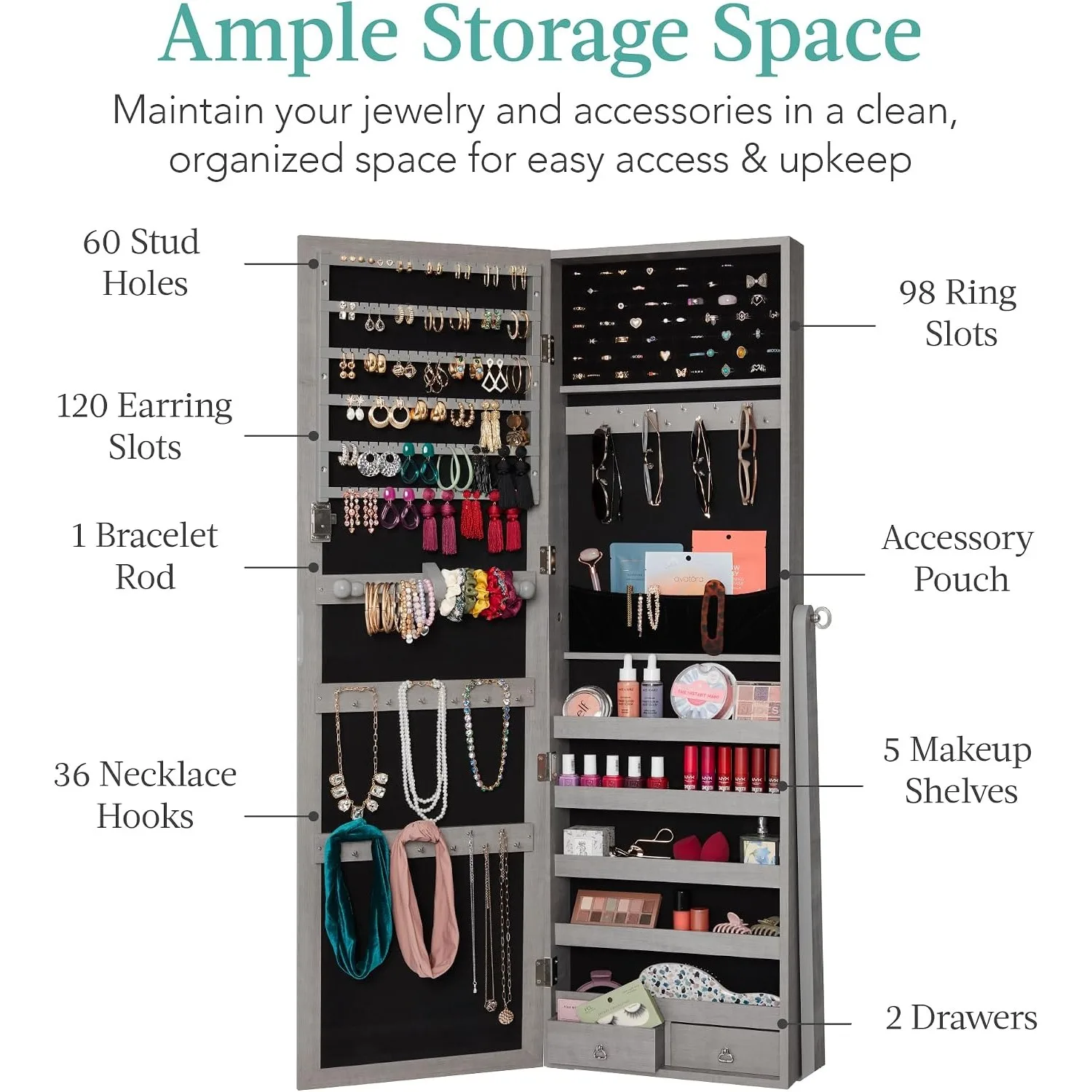 Freestanding Jewelry Armoire Cabinet, Full Length Standing Mirror, Lockable Makeup Storage Organizer, w/Velvet Lining, 3 Angles, Lock, Accessory Pouch, 5 Shelves - Gray Oak