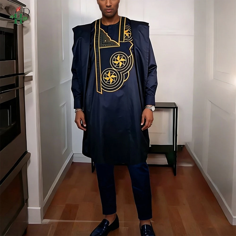 

H&D African Clothing For Man Traditional Agbada Sets 2PCS Black Bazin Riche Shirt Pant Embroidery Wedding Party Suits Plus Size