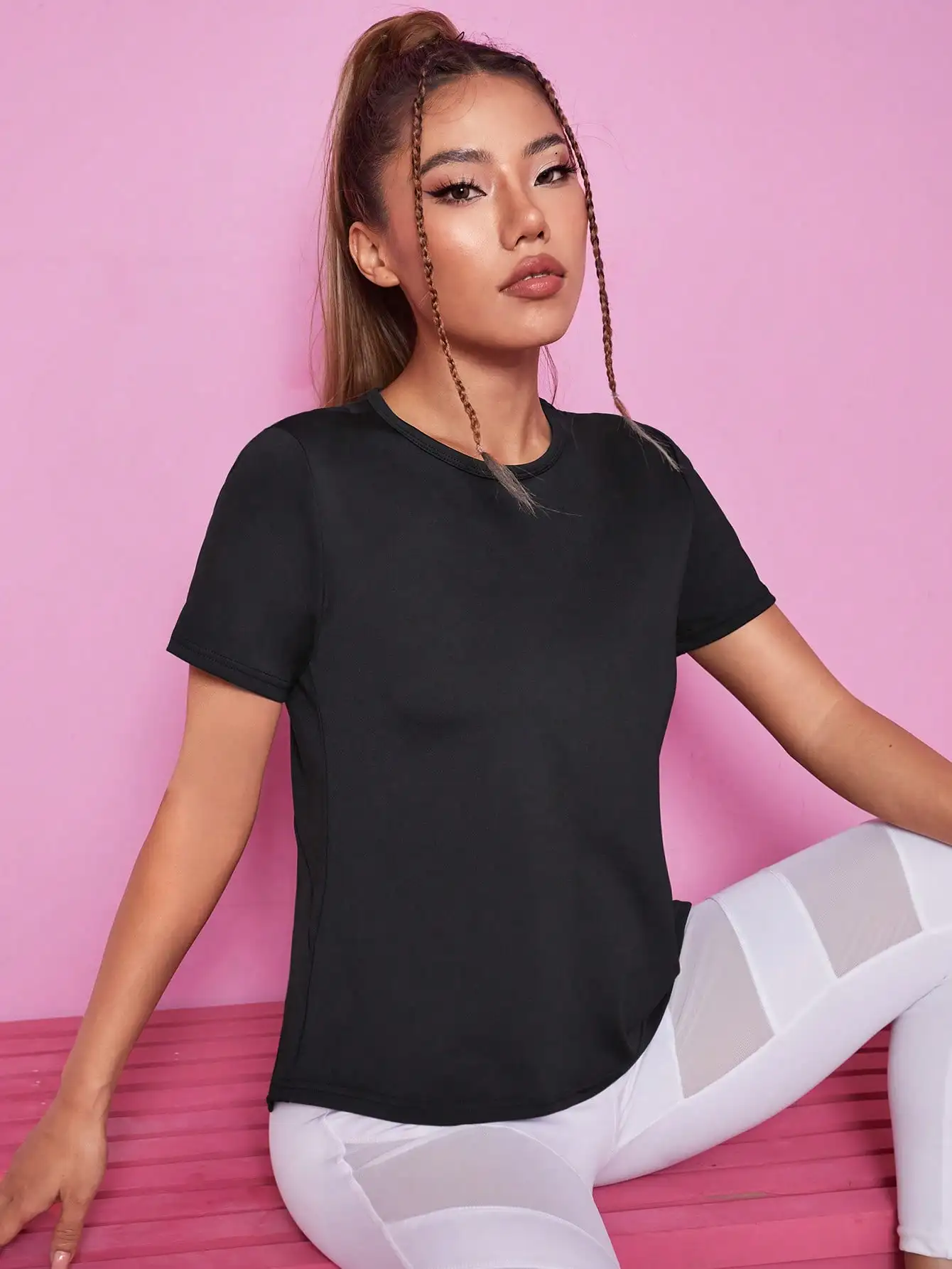 Solid Color Mesh Contrast Causal Short Sleeve Top Quick Drying Breathable Sports T-shirt Women's Activewear