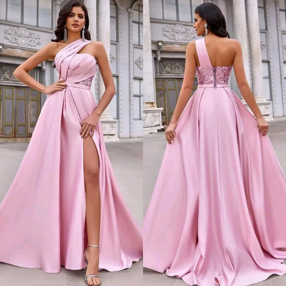 

Customized Temperament pink Organza Cocktail Dress Classic Strapless One Shoulder Tiered Ruched Lace Up Back Vestido De Noche