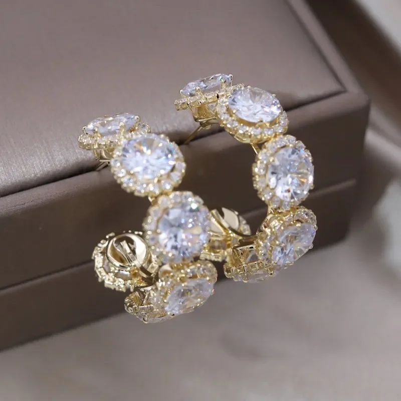 

America New Design Fashion Jewelry Gold Plated Luxury Zircon C-shaped Round Earring Modern Women's Wedding Party Accessories