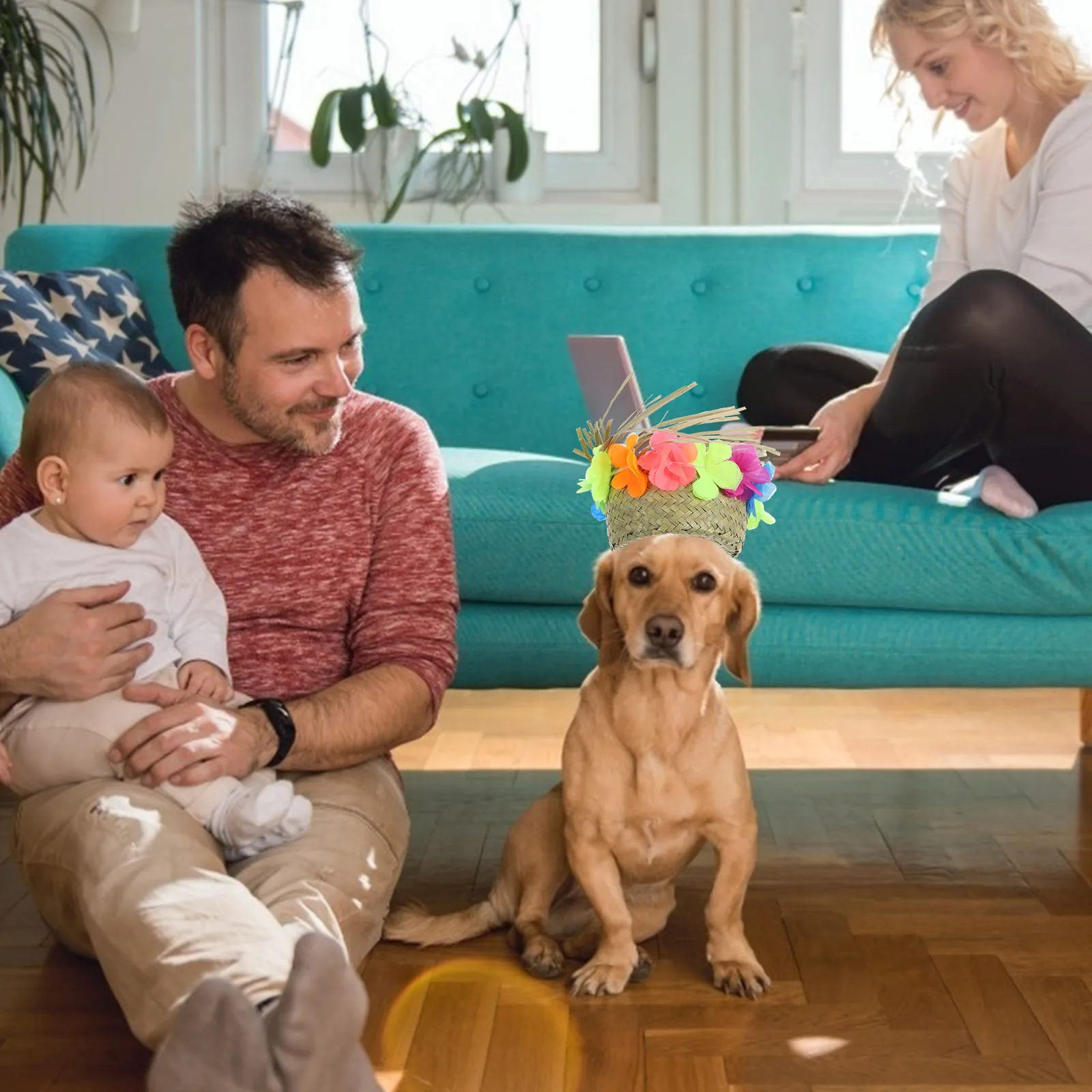 

Pet Straw Hat Small Handmade Woven Cloth Flower Decorative Puppy Summer Hat Photo Prop Party Favor for Dog Cat