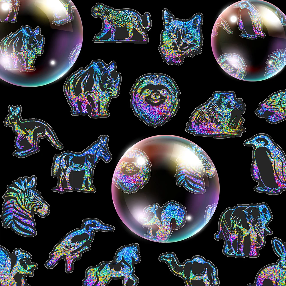 10/30/50Pcs Cute Animal Laser Transparent Stickers Decal DIY Diary Phone Aesthetic Cartoon Holographic Graffiti Waterproof Decal