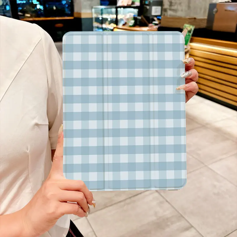 ins Blue checkered pattern tri-fold Tablet CASE For iPad pro 10/11/2020/6th/7th /8th /Air 3rd/Air 4th/9th gen/Air 5th Gen 2022/A