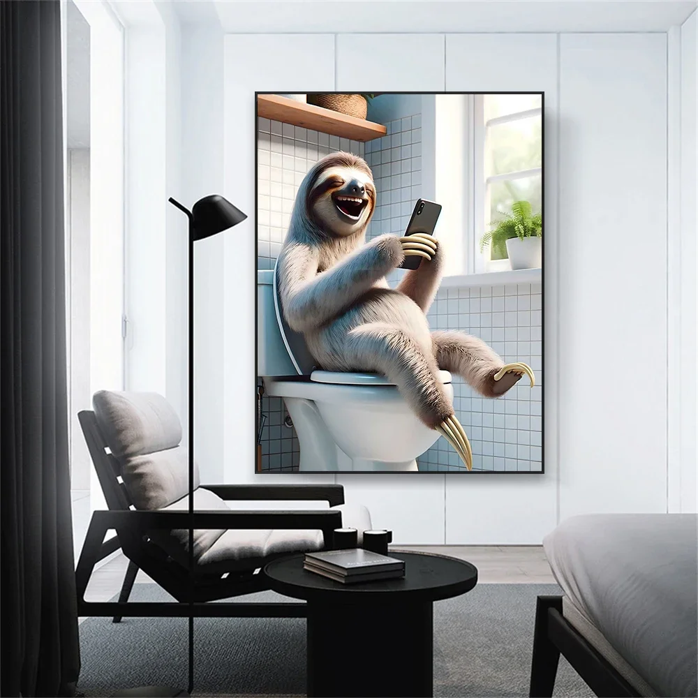 Funny Animal Poster Poodle On The Toilet Print Sloth Raccoon With Cell Phone Canvas Painting Bathroom Room Wall Art Decoration