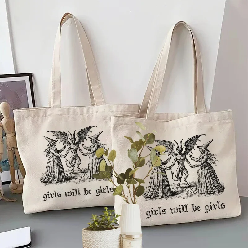 Girls Will Be Girls Witch Canvas Tote Bag Organizer New Large Capacity Travel Storage Shoulder Bag Handbag Halloween Spooky Gift