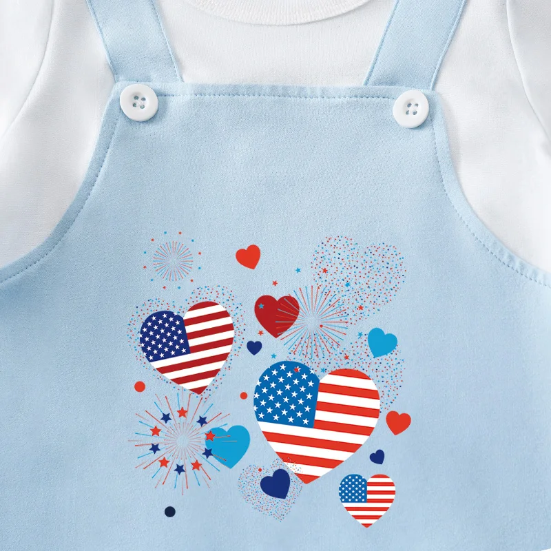 بدلة صيفية للأطفال حديثي الولادة مكونة من قطعتين لعيد الاستقلال مطبوع عليها رسوم متحركة لطيفة بأكمام قصيرة ورقبة دائرية