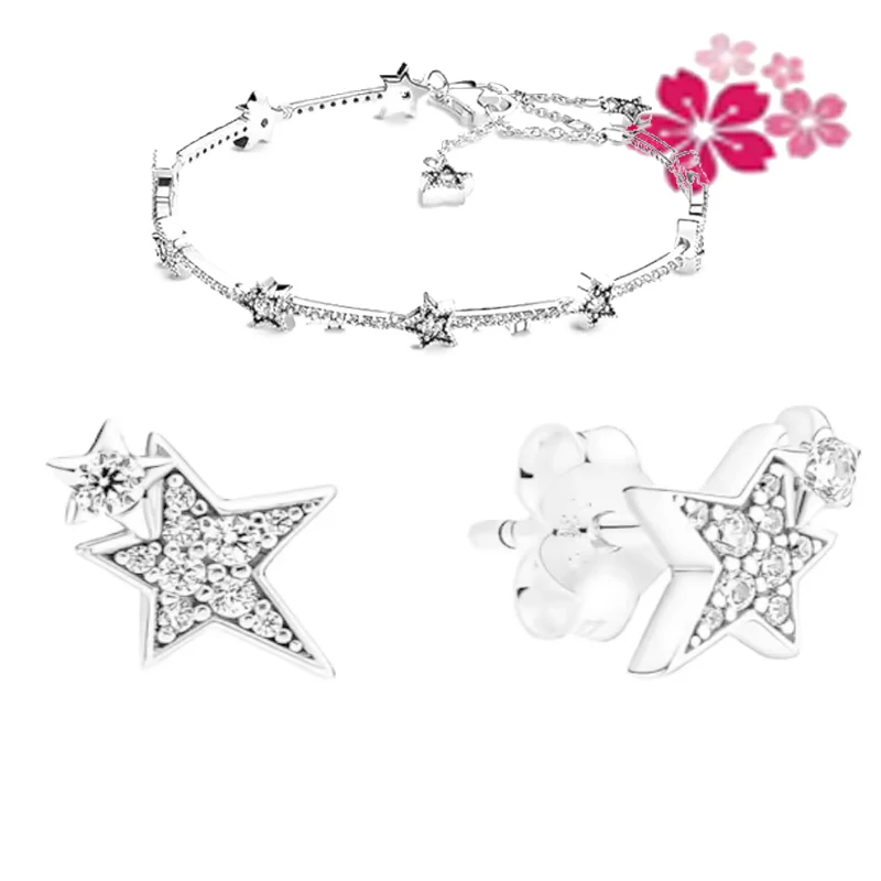 Exquisite 925 sterling silver fashionable star shining ring earring bracelet ladies' classic holiday jewelry gift