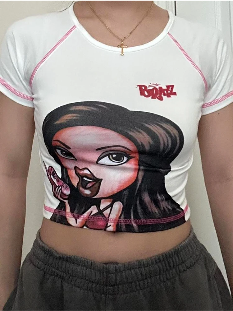 American style Y2K Crop Vest Top summer Harajuku Sleeveless Female Tee Cartoon BRATZ printed Sweet Short sleeved T-shirt EMO